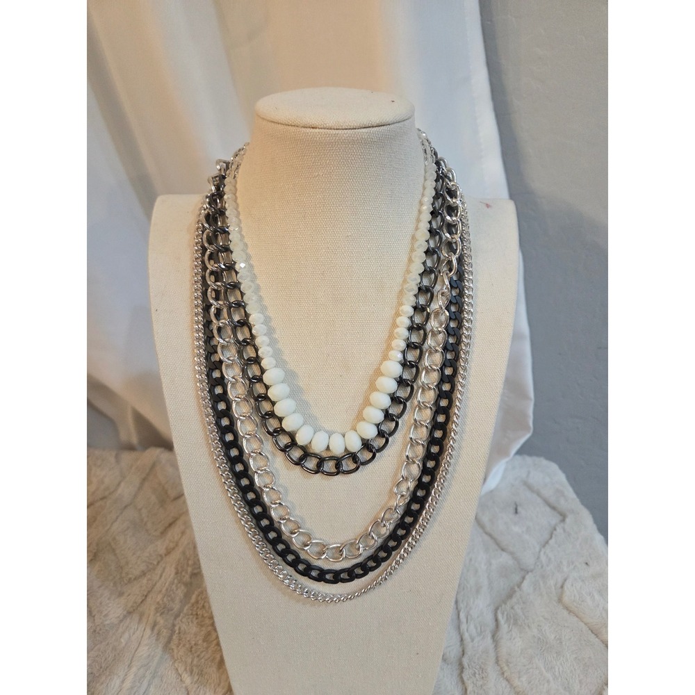 Vintage Express Multi Strand Layered Necklace Silver Black White Chain Bead